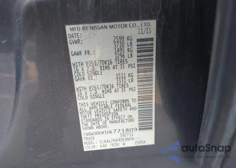 2016 Nissan Frontier Sv z USA, uszkodzony, nr VIN 1N6AD0ER1GN721809
